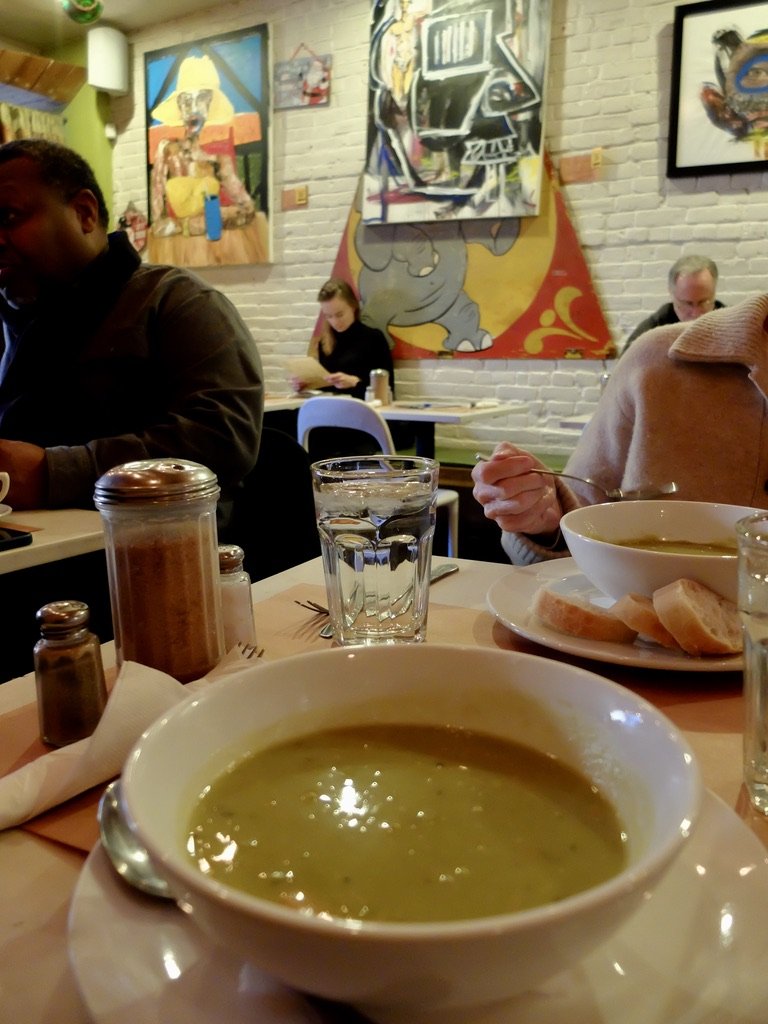  Pea soup with finely shredded smoked turkey.  Perfection on a chilly afternoon.  We had seen this on the menu when we walked by on our way to the Brooklyn Museum.  We stopped by on our return to apt. 602.  Someone once said that if the soup is good,