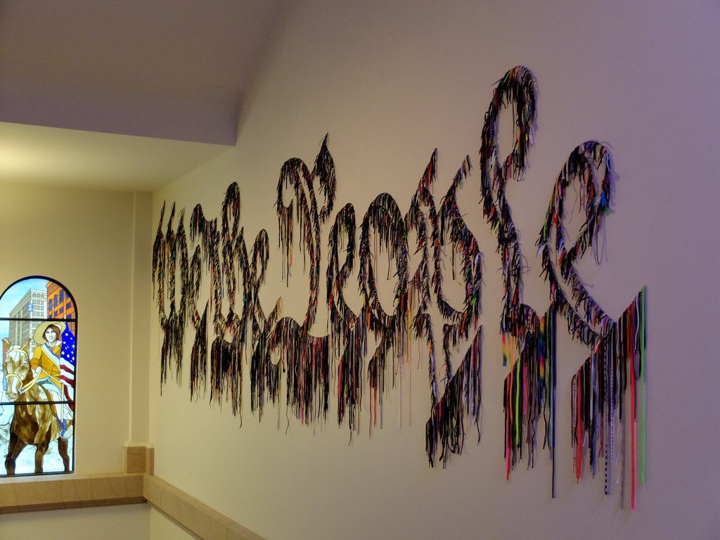  Museum of the History of New York -        Nari Ward (b. 1963)  We the People  (N-YHS version), 2017  Shoelaces   “Created entirely from shoelaces donated by museum visitors and New York City students, Nari Ward's We the People interrogates the firs