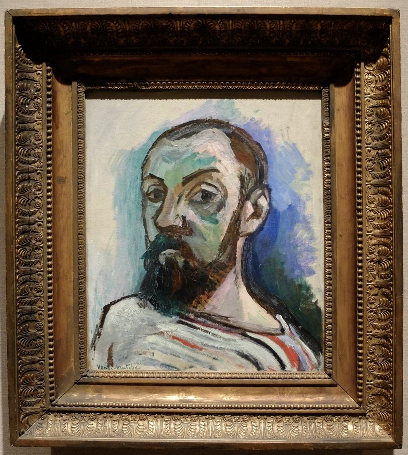  At the MET -  Vertigo of Color - Matisee, Derain &amp; the Origins of Fauvism.   Self-portrait, 1906  Oil on canvas  “Directly gazing at the viewer in uncanny self-exposure, Matisse portrays himself in a sailor's jersey, wide-eyed and confident. …Hi