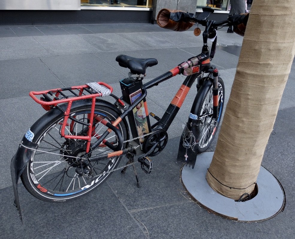 This is the latest style of a decked out delivery E-bicycle.