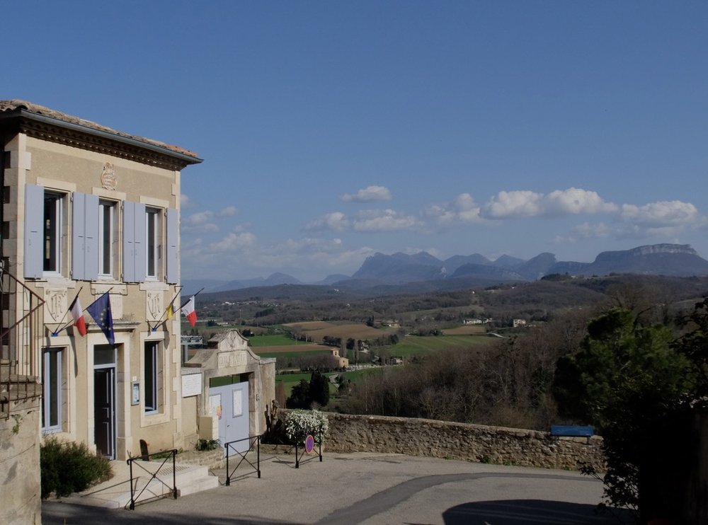  Chabrillan. en Drôme Provençale.   La Roche Colombe et Tois Becs in the distance.  Saoû is there in the shadow of La Roche Colombe. 