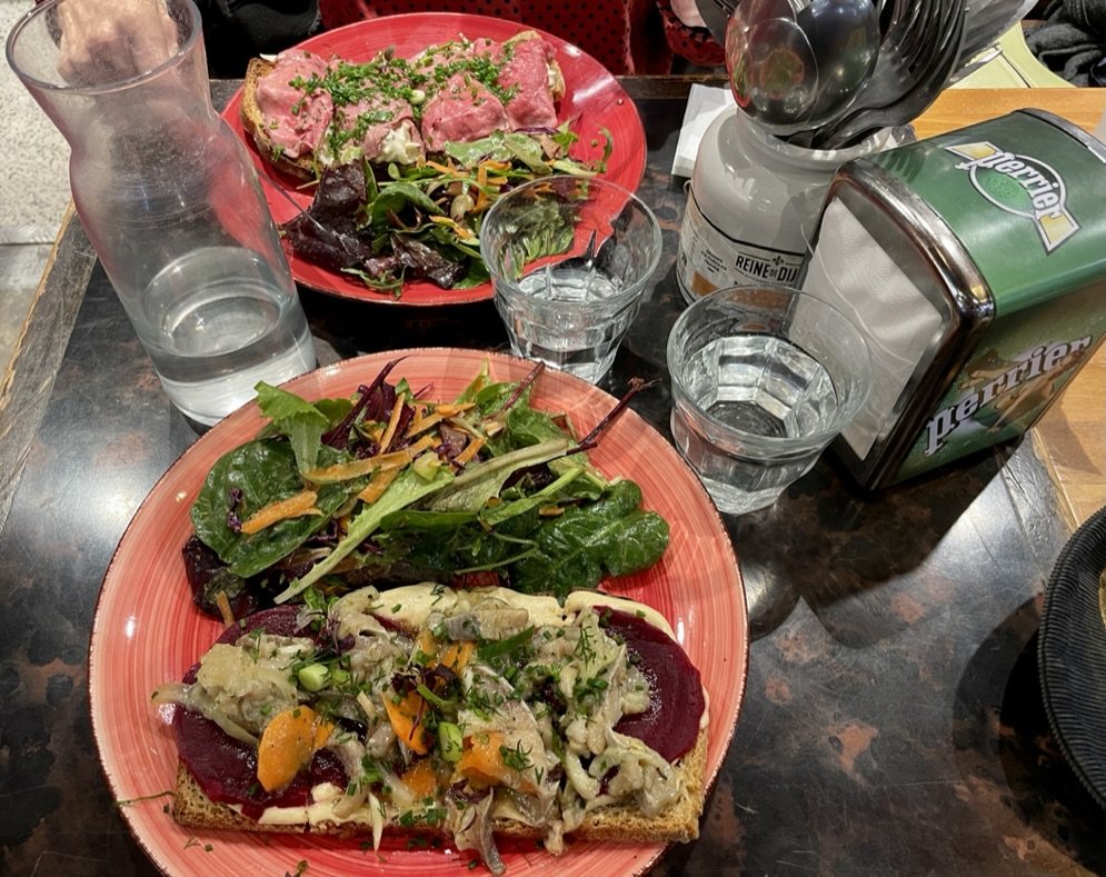  Our first lunch in Paris.  We remembered the  Marché Couvert Saint-Germain a few blocks from our hotel.  We returned to Sathees where we had eaten the previous year.   This time we had tartines; Harengs Marinés, Betterave, Hourous et Rosbeef.. 