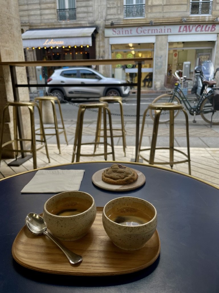  Nomi had read about Café du Clown, “Coffee shop, Café de spécialité et pâtisserie” in the newsletter of noted chef &amp; cookbook writer, Dorie Greenspan.  It was in the Marché Saint-Germain a few doors down from our lunch at Sathees. 