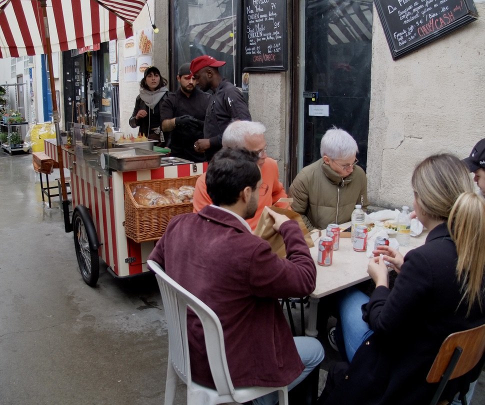  Hot dogs &amp; BUD.  A new fad in Paris.  We noticed it several other times.  Marché des Infants Rouges.   