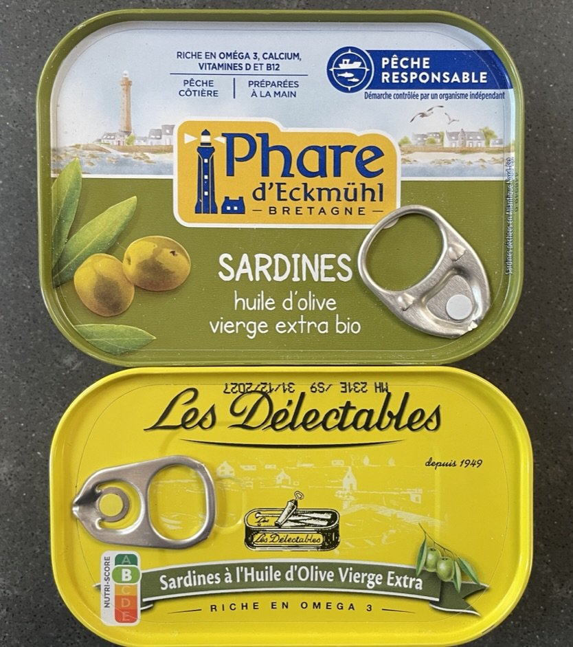  Purchased at L'Épicerie, de Saoû.  I had them at home in Marin. The bottom one was good but top one was meaty, really tasty &amp; “Responsibly Fished - Approach controlled by an independent body.” 