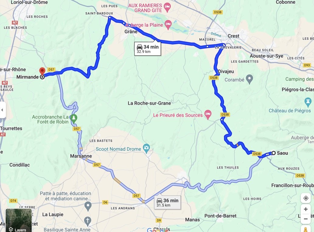  We were headed for Miramande because it was “…listed among the most beautiful villages in FranceI”  I had made this loop using Google maps.  Nate said, forgot doing the perimeter, there are a lot of little villages in the middle. 
