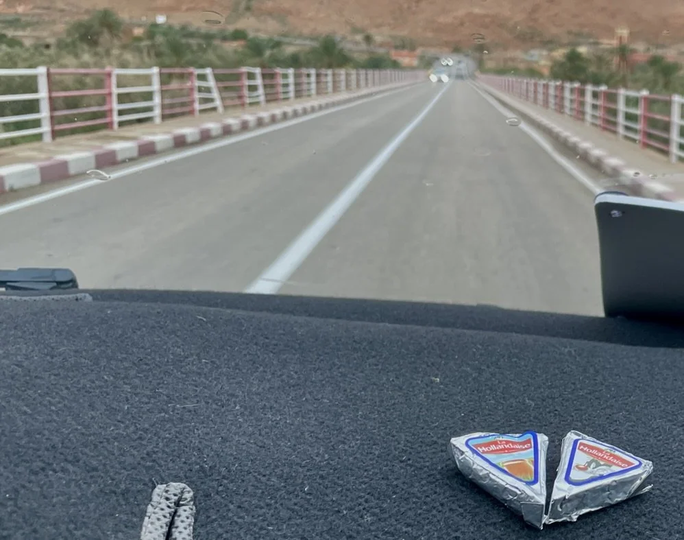 We finally got to eat the cheese that we had from breakast in Infrane. The bridges all seemed to have the red &amp; white guard rails.