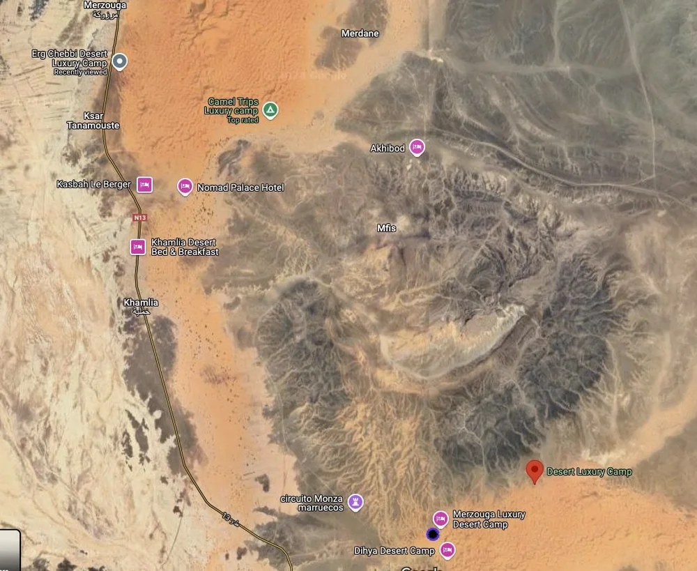 Headed for Merouga Luxury Desert Camp &amp; later that evening, the purple surrounded black dot.