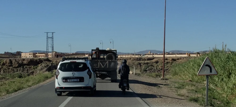  Heavy traffic as we come up to the Ouarzazate Solar Power Station,  the world's largest  concentrated solar power  (CSP) plant. 