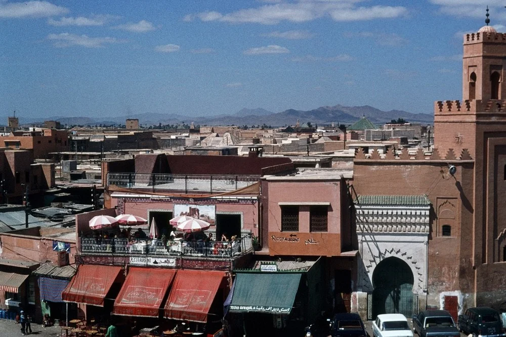  Marrakech from a rooftop in 1978  “The color red has long been associated with Morocco and is said to symbolize the country’s warmth and hospitality.”   