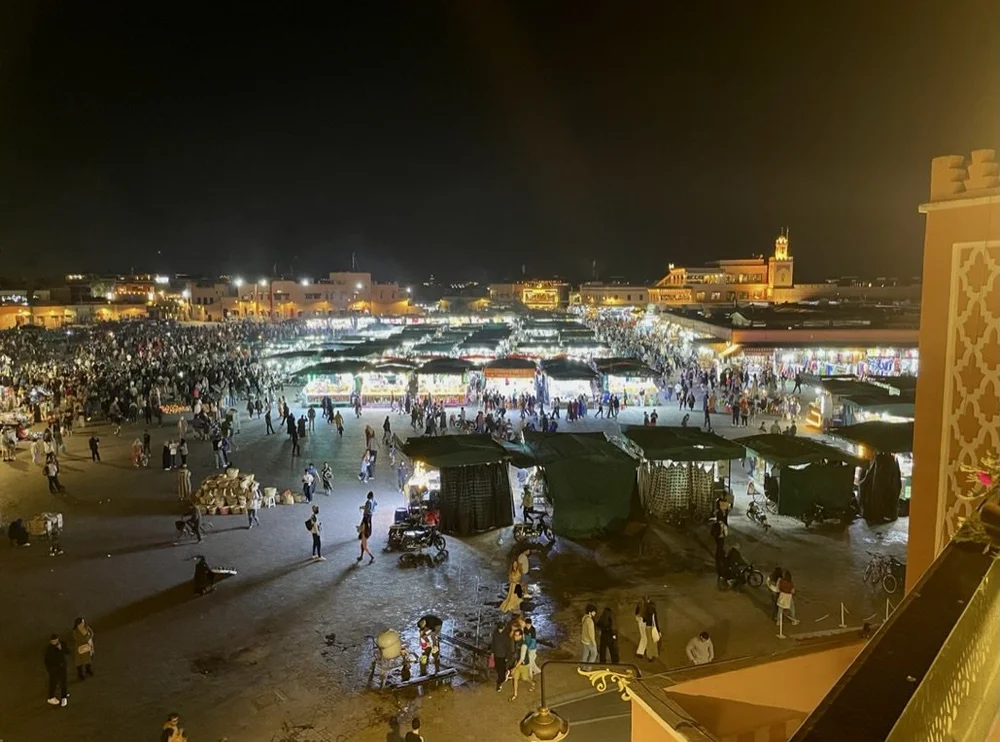  The speakers from the adjacent mosque were quite loud during the call to prayer.  Rooftop restaurant in Jemaa el-Fnaa Square. 
