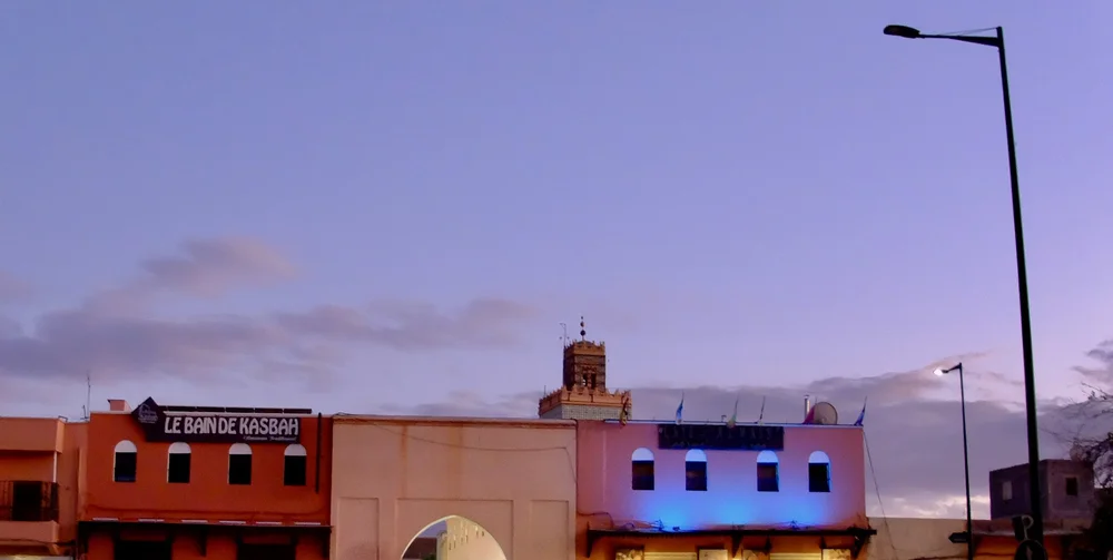 Our sunset arrival at the Bab Agnaou (Gate) to the Medina, &amp; our first glimpse of the Koutoubia Mosque.