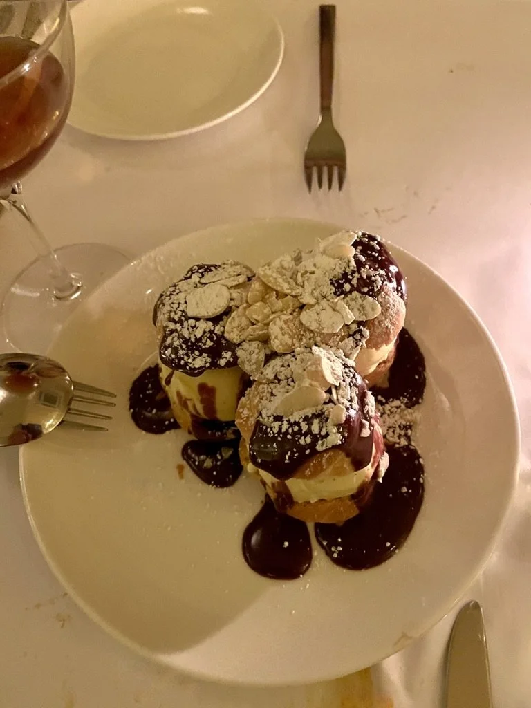 The best profiteroles ever.  Worth the walk in the frigid evening air.