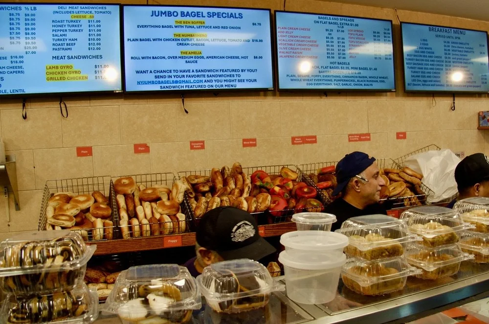  Rainbow bagels at JUMBO Bagels.  https://www.ny-jumbobagels.com.  ”From the Bagel Bakers Union 338 to the invention of the bagel rolling machine by Murray Lender, the Rainbow Bagel has joined the ranks of notable bagel innovations. It has helped sha