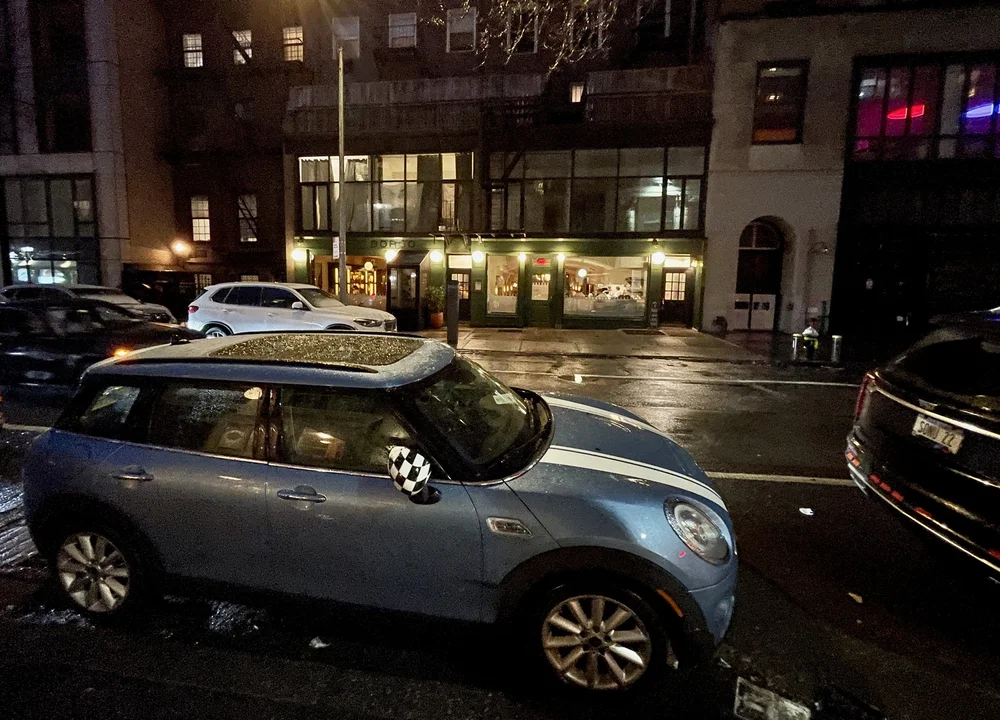 …at BORGO.   MINI in front with snow on roof. 