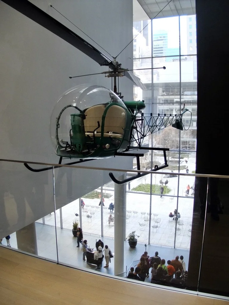  This helicopter hanging in MoMA for a long time has always intrigued me.  “Bell-47D1 Helicopter. 1945  "its designer, Arthur Young, who was also a poet and a painter, consciously juxtaposed its transparent plastic bubble with the open structure of i