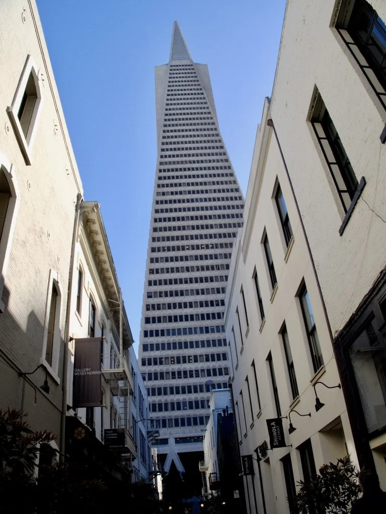  At the other end of Hotaling Alley, the Transamerica Pyramid. “The alley was once the "city shoreline, before hundreds of abandoned ships formed new land claiming the bay." 