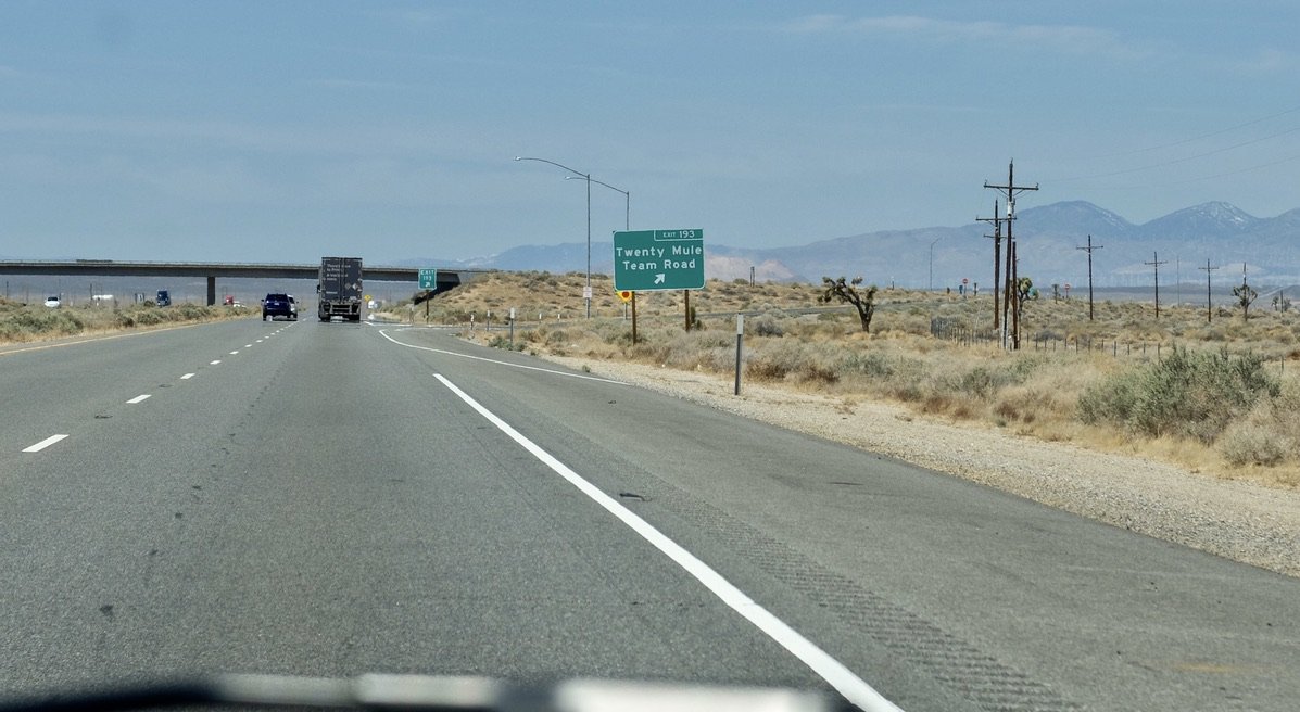 Twenty Mule Team Road turn off from CA 58. Another 20 miles or so is the turn-off for Edwards Air Force Base where space shuttles have landed. Fluffy's Kitchen, now permanently closed, was nearby.