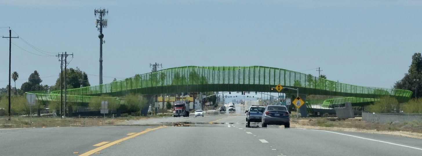 We went under this bridge going to JTNP & I was intrigued. This time I got a better photo & later did some research. The ca. 2024 “WONDER BRIDGE in Lost Hills, California—a farming community in the Central Valley—an intensely green bridge w