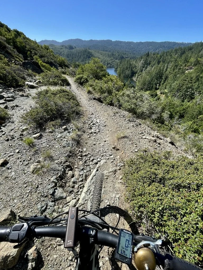 Riding down the newly opened Liberty Gulch Trail on the Marin Municipal Water District Mt. Tamalpais Watershed to the Bon Tempe Lake reservoir. 