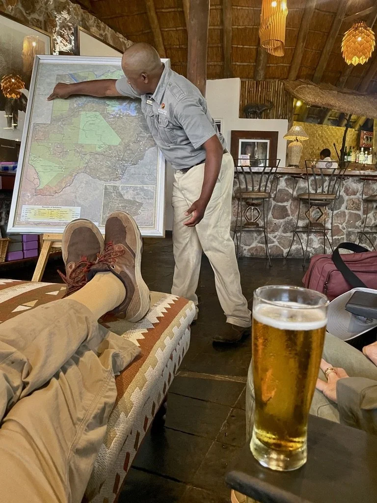  Our afternoon/evening game drive was rained out.  K.B. proceeded to present a lesson on Botswana’s geography, politics, history, religions, cultures…  It was sure nice to sit in class with a beer.  The Botswanans love their country &amp; culture.  F