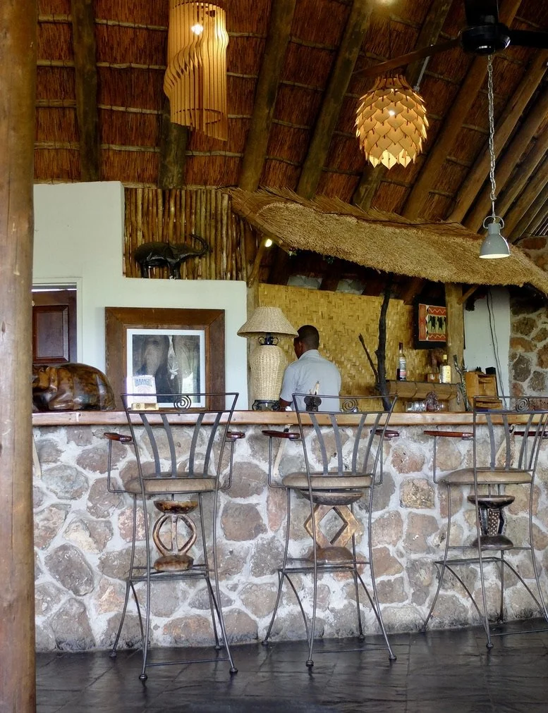  Alcoholic beverages were included.  Booze was available 24/7.  The bartender made Nomi a pink G &amp; T.    I thought that those bar stools were fabulous but one wouldn’t fit in my luggage.  Muchenje Safari Lodge, Chobi River, Kasane, Botswana. 