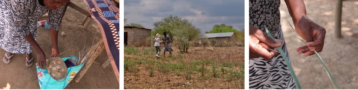  She made all her wares, showed Nomi the bushes where she got her grasses &amp; how she prepared them for weaving.  Mabele village, Botswana. 