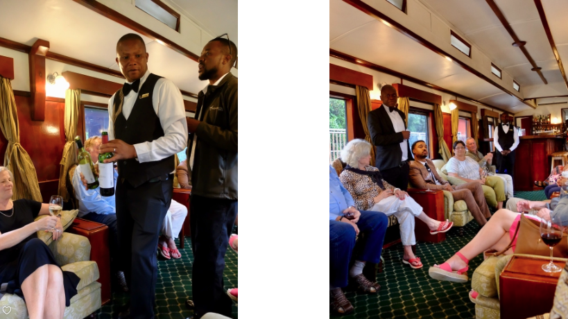  Alcoholic beverages flowed freely as our host regaled us with the history of the train.   The head waiter explained the multi-course meal that we would be having. 