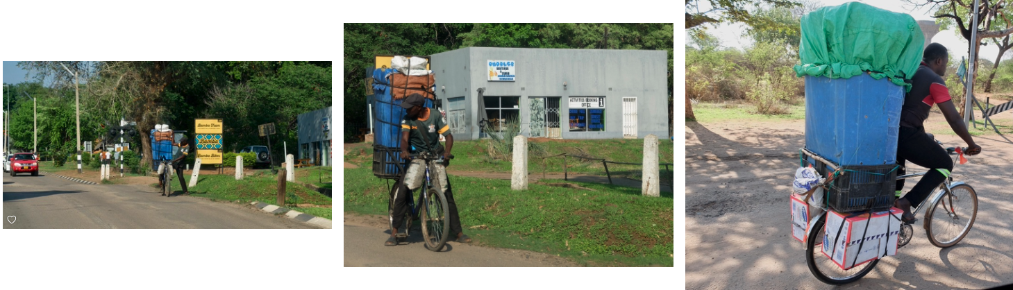  On the road to the Victoria Falls Airport.  Our driver said that they may be carrying as much as 70 kilos, 158 pounds.  Trucks might wait for days at these African border crossings but the bikes just zip through. They sell their goods on the other s