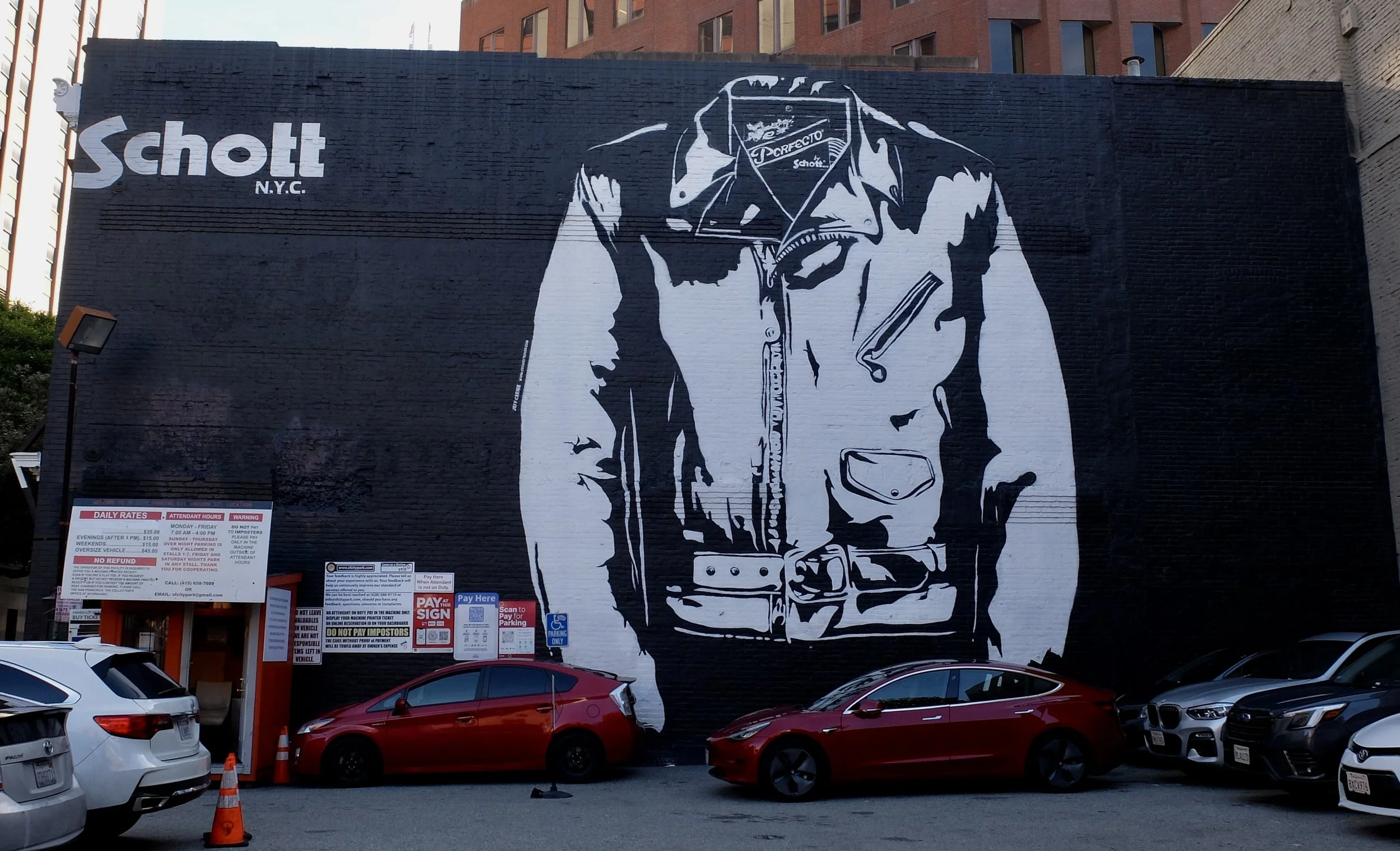  The Schott salesperson (store inside that building) said that they were fortunate that the building owner wanted this mural.  Ca. 2020.  I’ve worn out a Schott peacoat &amp;, with Nate’s help, a bomber jacket. I had bought them at the Schott factory