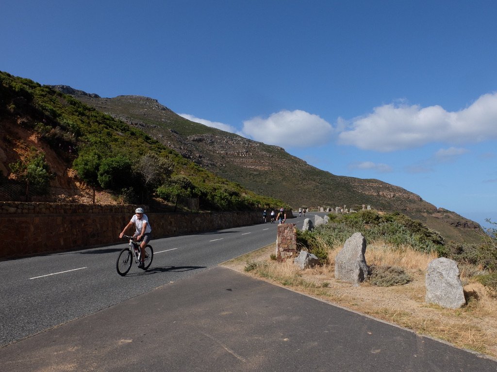  Let’s not forget the recreational road bikers.  I didn’t see any e-bikes doing the Chapman's Peak Drive; “the 9km route with its 114 curves, skirts  the 593m high southerly extension of Constantia Berg, and follows the rocky coastline to unfold brea