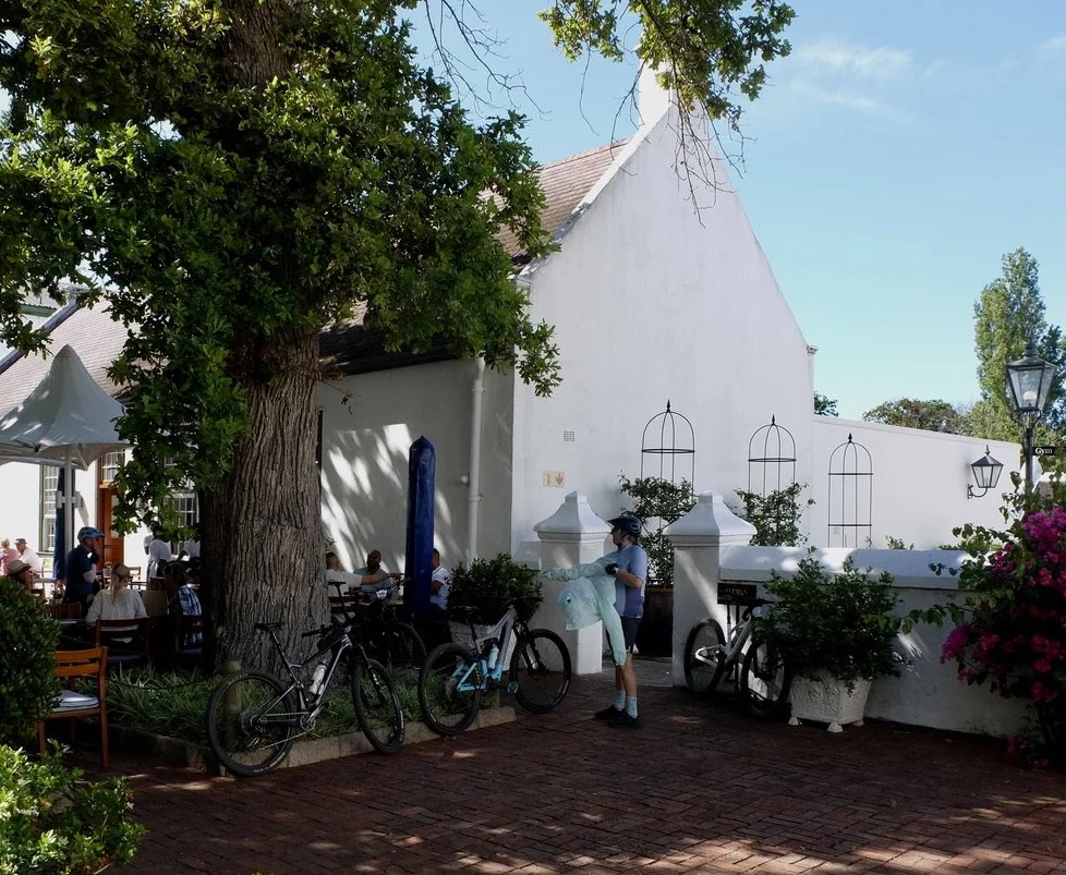 I didn’t ask them where they were from or going to;  I wouldn’t have known. But like my Old Spokes, they knew a good place to stop &amp; eat  mid-ride.  Alphen Boutique Hotel, Constantia, Cape Town. 