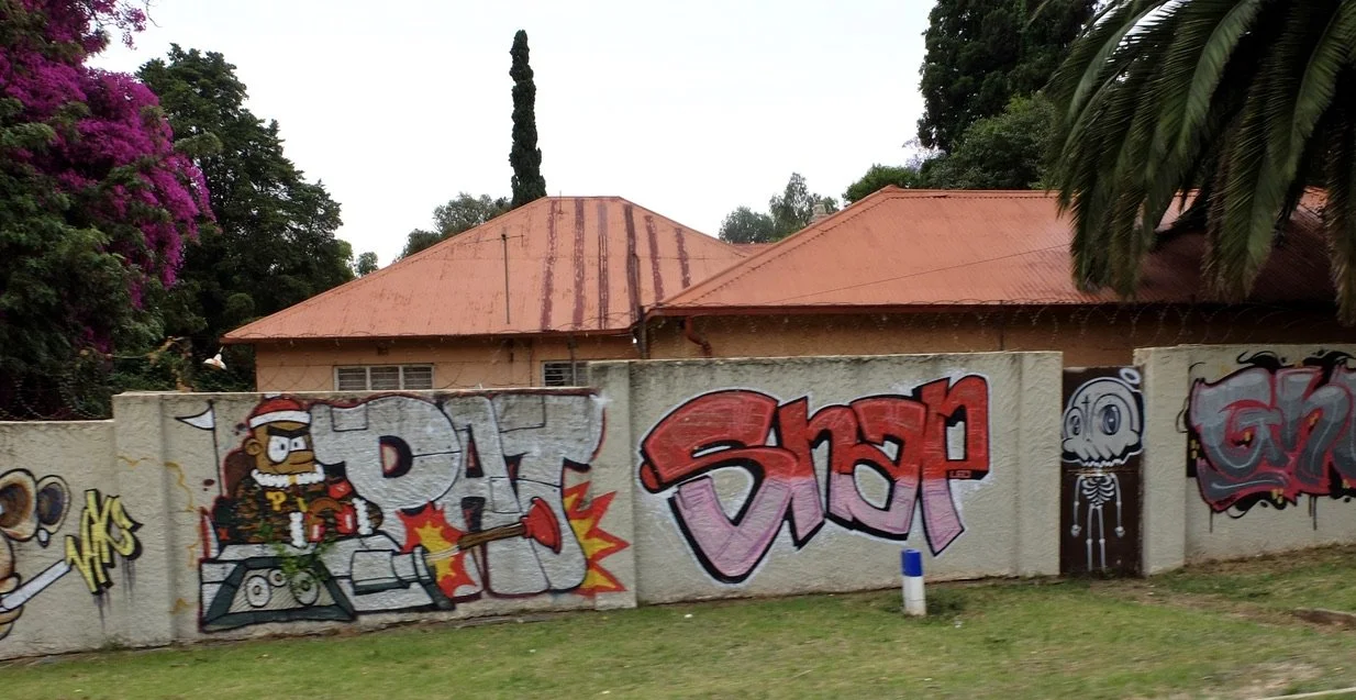  Note the barbed wire atop the wall.  In more exclusive areas, the wire is electrified.  Joburg, ZA. 