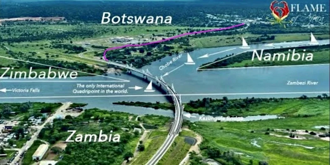  We drove from Botswana to the Quadrapoint in the Zambezi River &amp; over the Kazungula Bridge. “As it connects one country to the other, it makes a gentle but curious curve. There is no structural reason for it, only a geopolitical one: this is to 