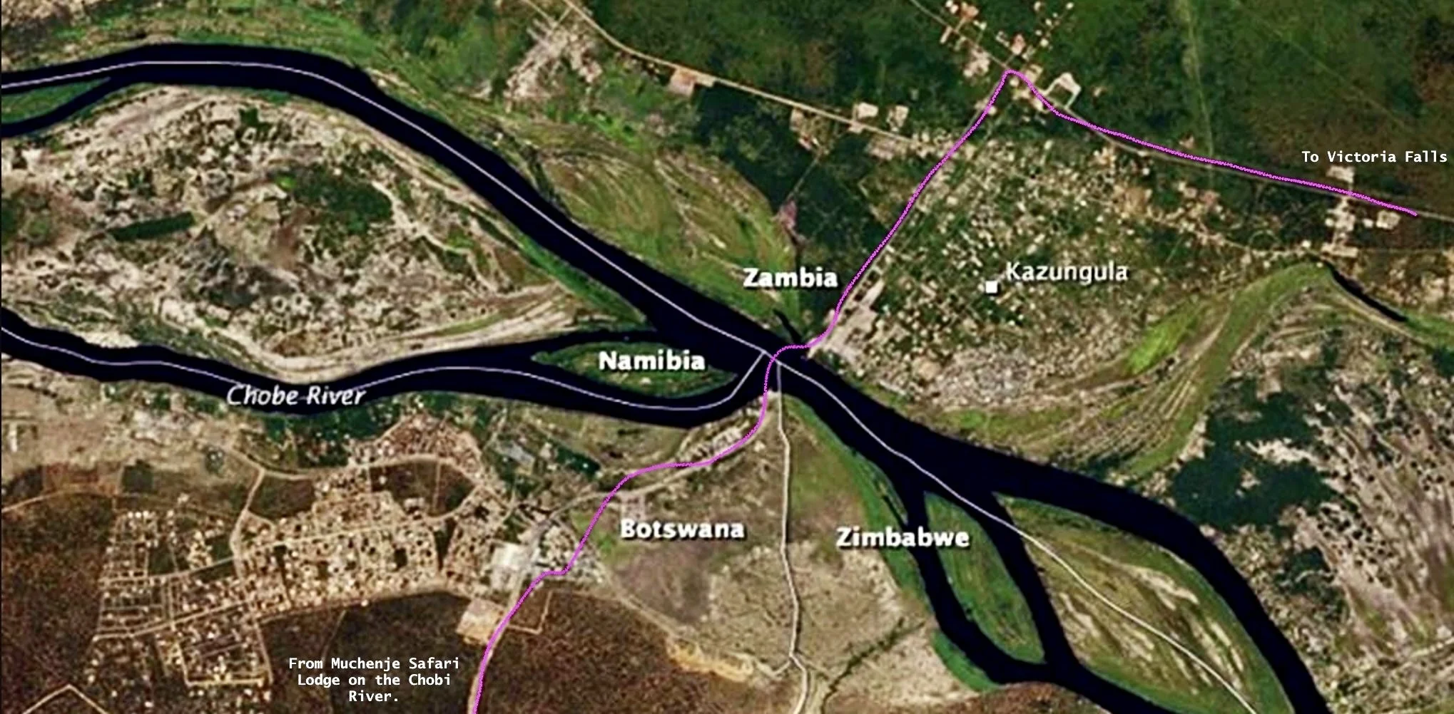  Our route , in purple , to Victoria Falls.    