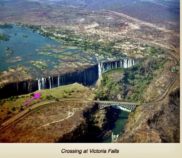  Zambia straight ahead &amp; to the right Zimbabwe lower left.  The purple arrow points to a path we followed with our guide Precious two days later. 