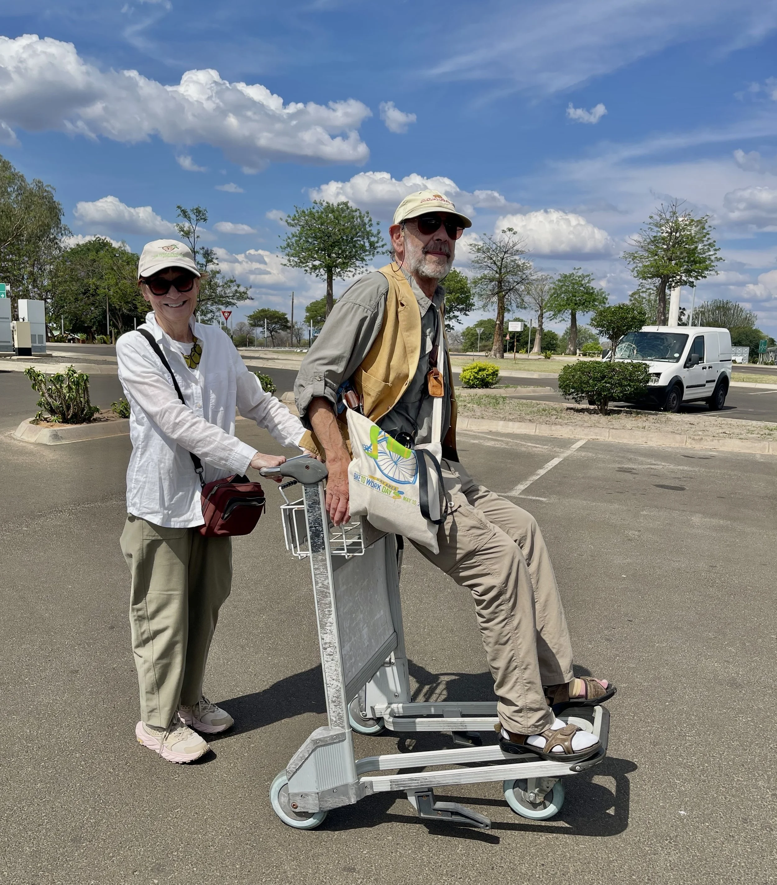  While we waited for him at the airport we devised alternative disabled person transportation to get from the parking lot into the terminal. 