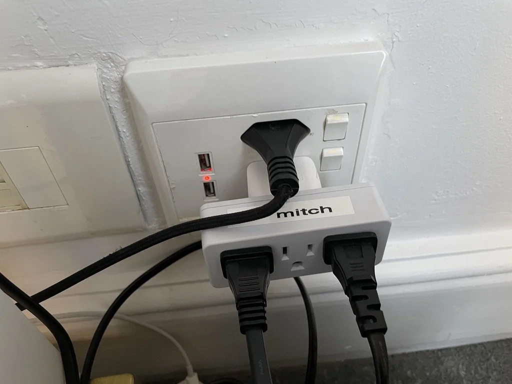  Alphen Boutique Hotel, Cape Town, South Africa.  Multiple electrical outlets in four countries.  Here it was complicated by the addition of mysterious switches… 