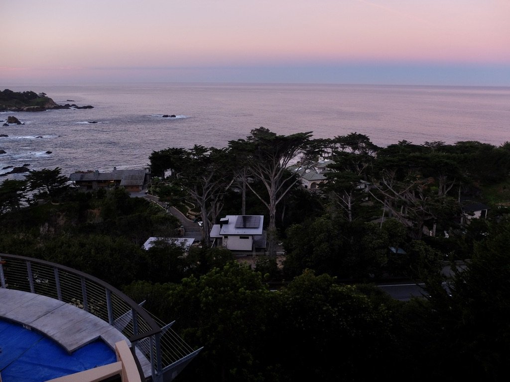  Sunrise from our balcony at the Tickle Pink Inn, Carmel Highlands, CA.  Later that morning I immersed myself in that hot tub in the lower left of the photo.  It’s a masterfully done hot tub set into the side of the inn. It is new since 2008. 