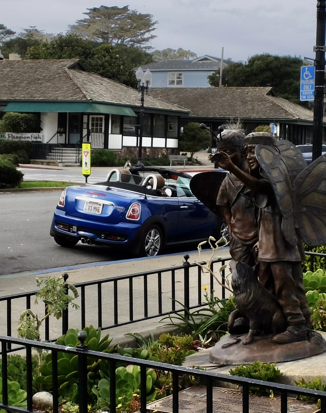  The MGA had the top up but we had the top down.    Across the street is the Passion Fish restaurant.  That brought back memories as we had eaten there in the past.  Pacific Grove is known as ‘Butterfly Town USA’ for its role as an overwintering spot
