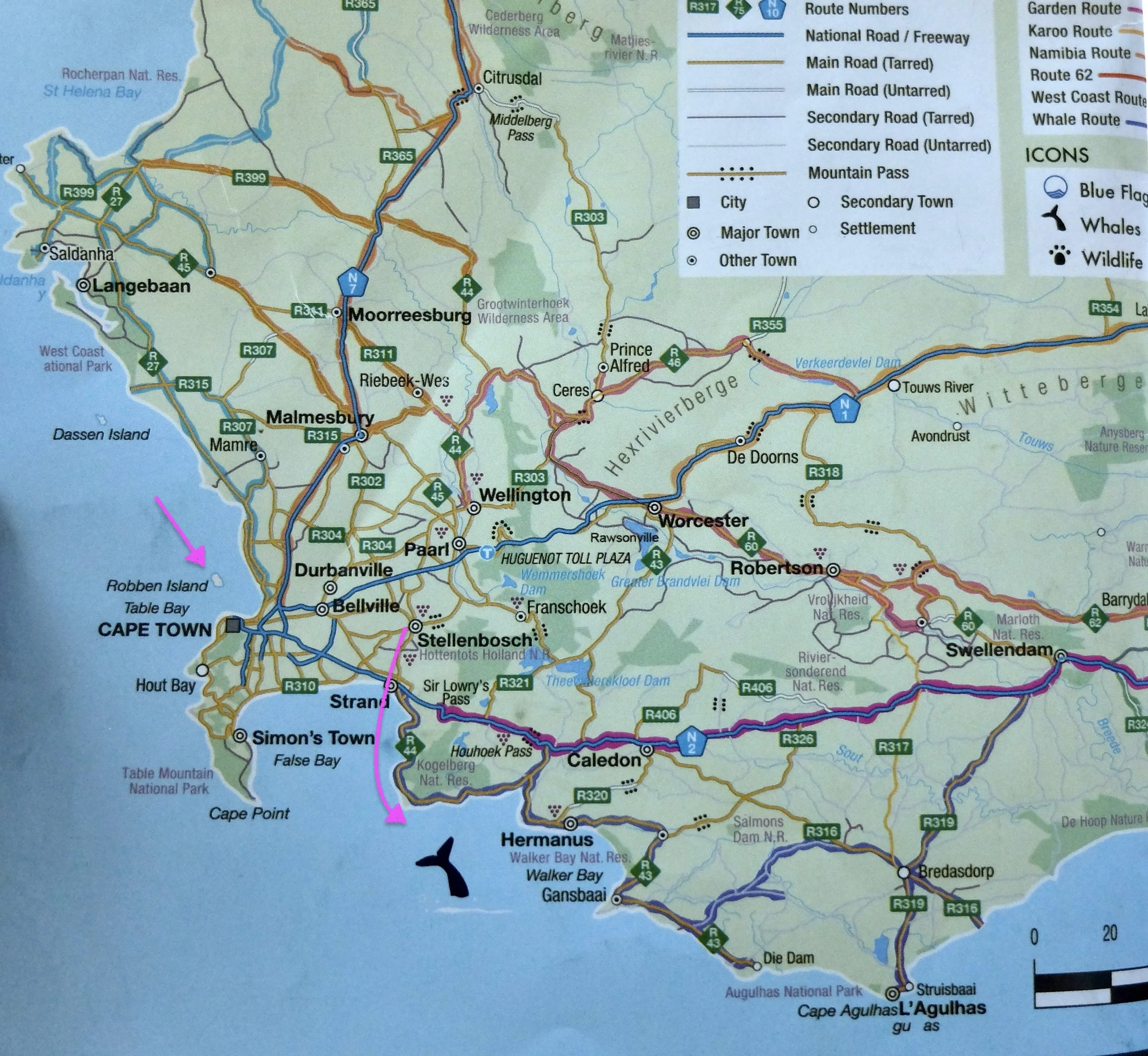  Just an aside, note the left arrow pointing to Robbin Island where Nelson Mandela &amp; many others were imprisoned until the 1990’s.  I had read that Hermanus was a wonderful destination for whale watching.  Too bad Google was not correct in the ti