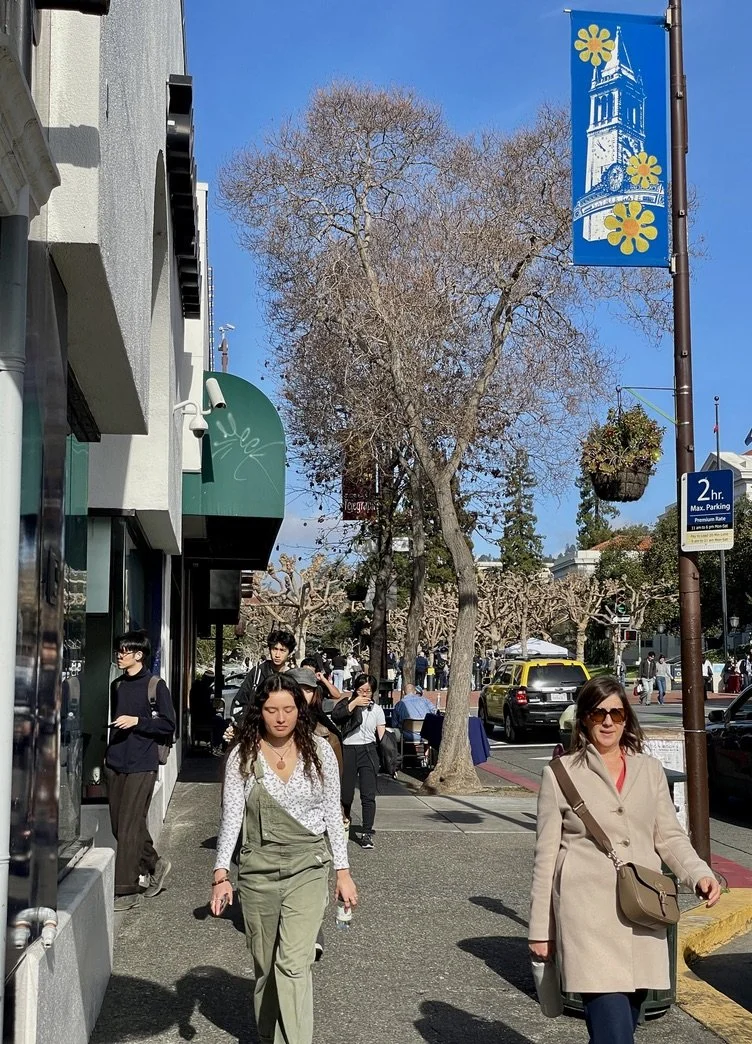   In Berkeley, Telegraph Ave. ending at the Sather Gate of U.C. Berkeley.  “Sather Gate is part of the historic  Sproul Plaza , a major center for student activity and the scene of many protests during the  Free Speech Movement .” 
