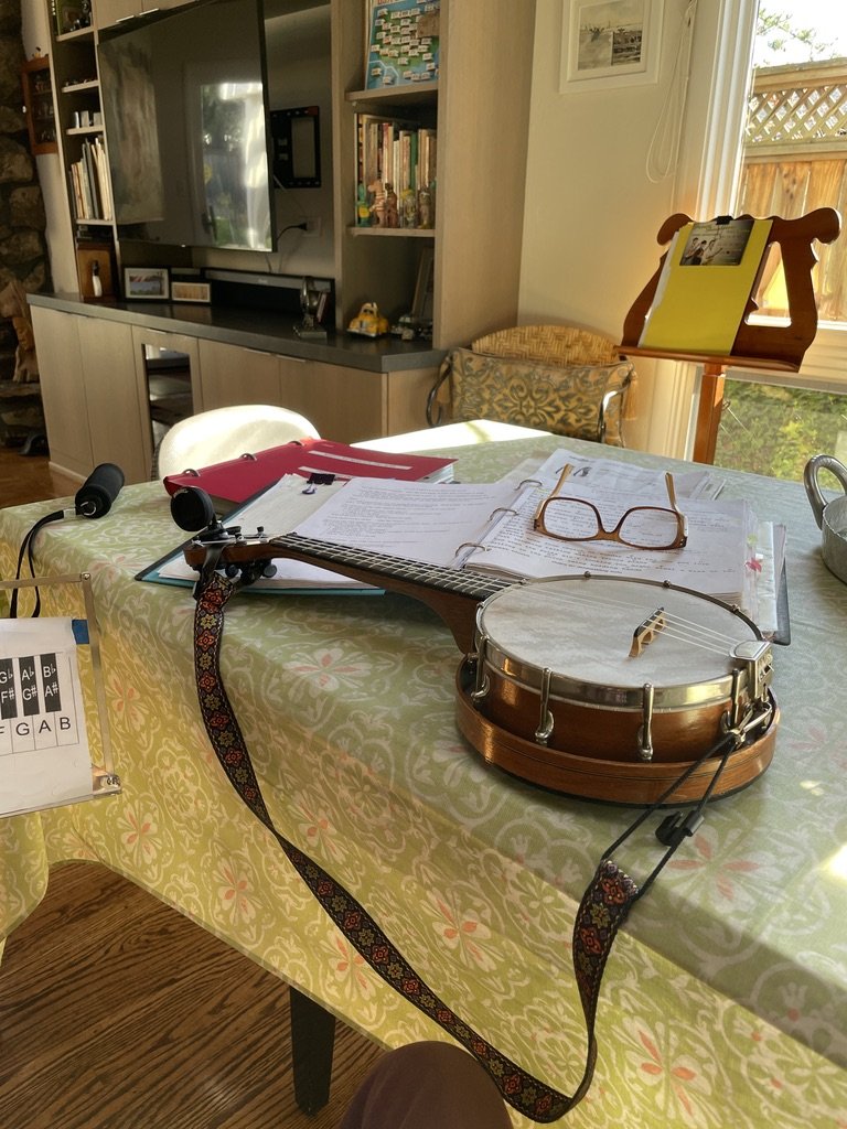  A return to playing most every day has been gratifying.  With a soprano ukulele &amp; banjolele downstairs &amp; tenor ukulele in my study upstairs, there’s no excuse. 