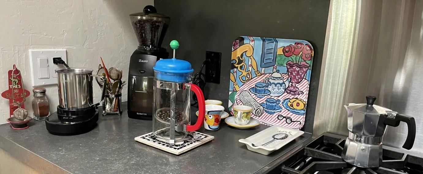  I loved the colors of the MoMA coffee presspot so I staged this scene at our kitchen coffee station at 16 Sherwood Ct.  Our Dēlonghi espresso machine was in hospital so we were using the Zulay Moka Pot Stovetop Espresso Maker in the interim.  The mo