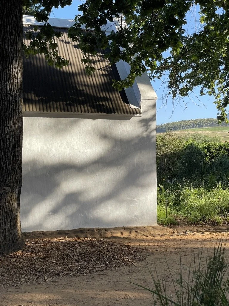  Cape Dutch architecture was designed without roof gutters &amp; drain pipes.  The water flows down into strategically located channels.   Guest house at  Babylonstoren Farm Hotel, Franschhoek, South Africa. 