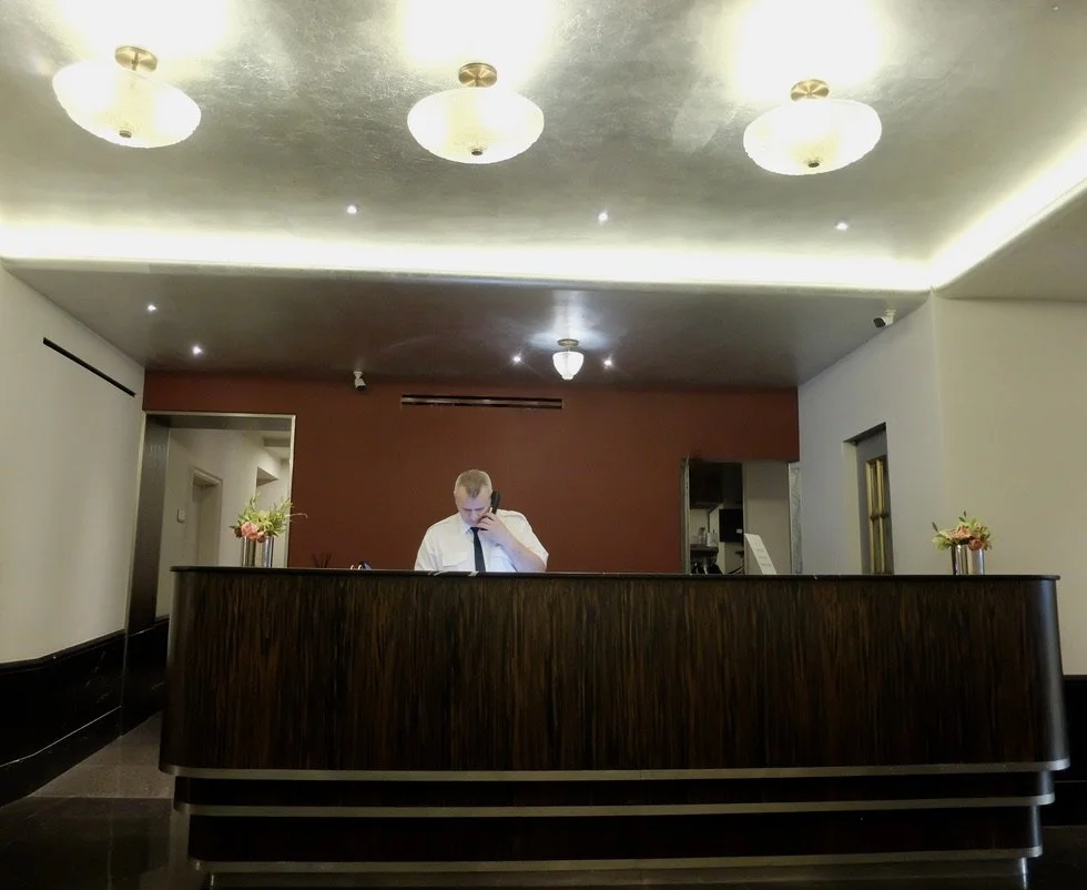  In January I had taken a MAS class from Tony Robbins on Art Deco Buildings along &amp; near 42nd Street.  I felt I could handle walking the tour &amp; lead us along.  This doorman, in the Beaux Arts Apartments lobby, was so nice &amp; informative.  