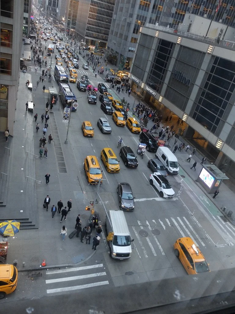  New Yorkers going to work.  6th Ave. @ W. 54th St. from our 6th floor c. 1926 Warwick Hotel window.  The Beatles held a press conference upon their arrival at the Warwick Hotel,  August 13, 1965.  Bob Dylan visited them here.  “ James Dean, Jane Rus
