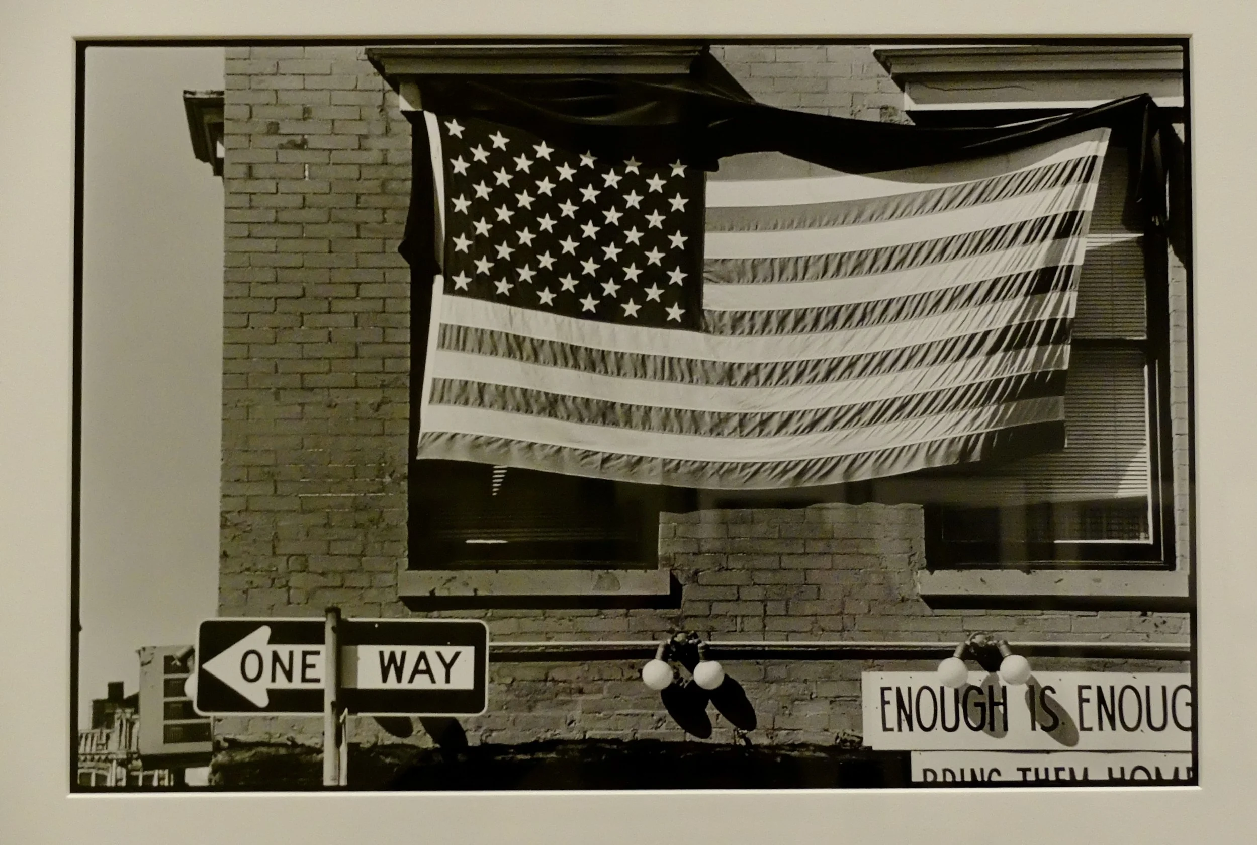  "American Flag, Enough is Enough." 1980.  “…cut off but readable is the Vietnam-era slogan, used since for many humanitarian causes: ‘Bring them home.’ Rauschenberg was non-partisan, but he famously summarized his views: ‘It is impossible to have pr