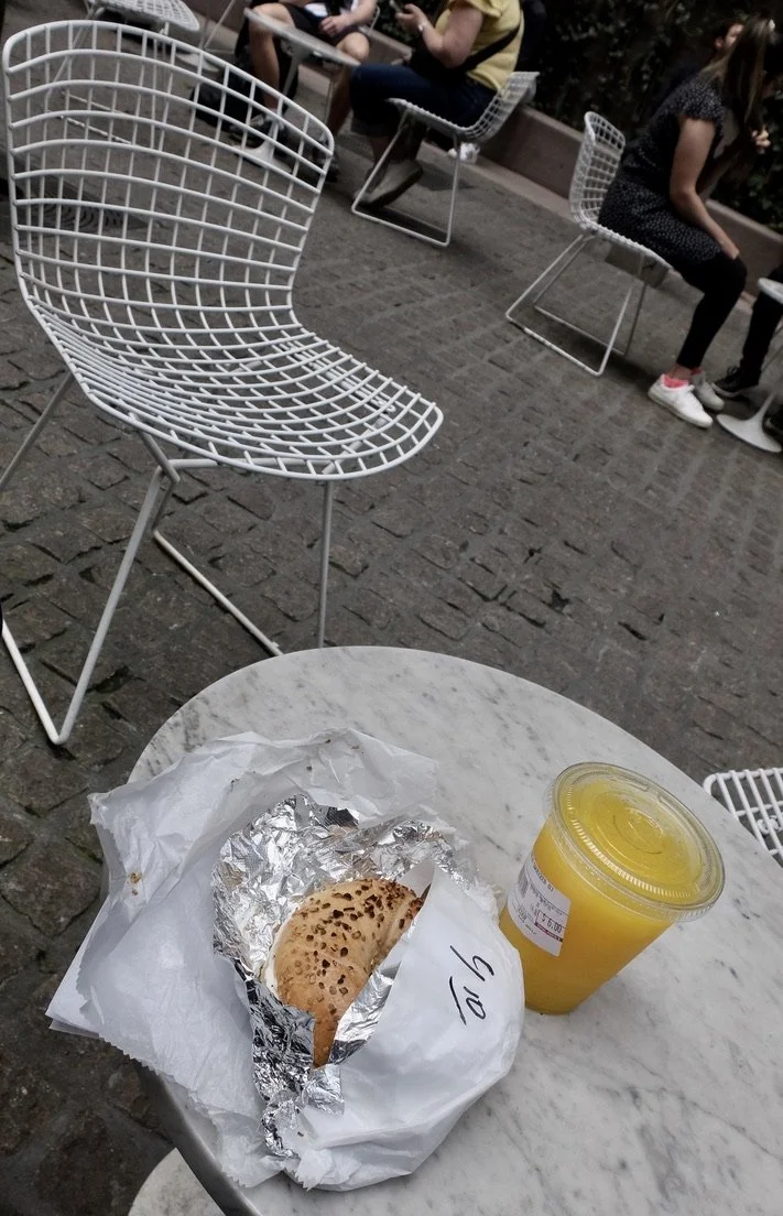  “A bagel with scallion* cream cheese when you need one”  Paley Park.  “A tranquil oasis located in the heart of midtown Manhattan, Paley Park offers visitors a welcome and unexpected respite from the clamor of New York City.”  Fortunately there was 
