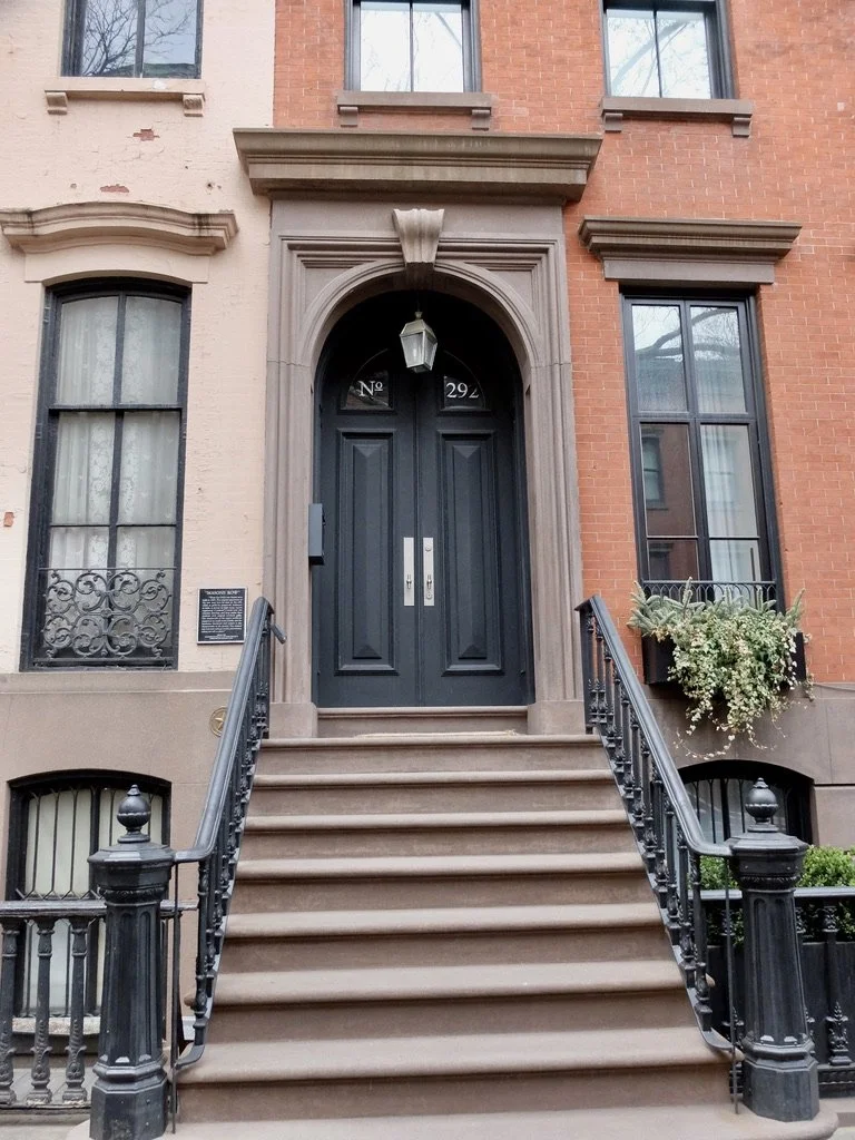  "MASONS' ROW"  "These four brick row houses were built in 1860. The original appearance of the row may best be seen at No. 290 which is perfectly preserved. Italianate in style, it retains its high stoop, typical segmental ('eyebrow') lintels over t